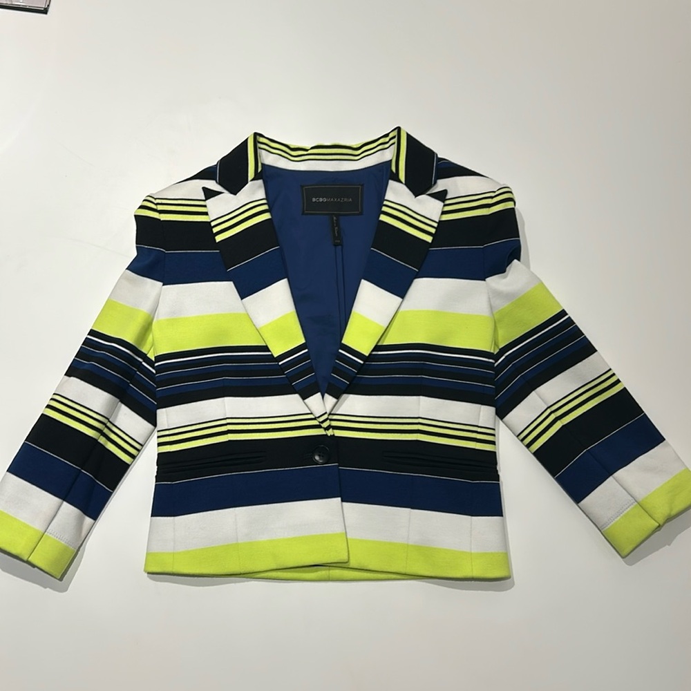 BCBG MAXAZRIA Striped neon blue white blazer XXS